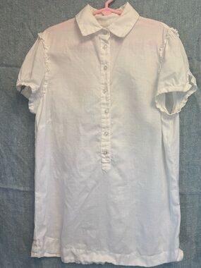 Small Zara Basic White Ramie Button-Front Short Sleeve Blouse
